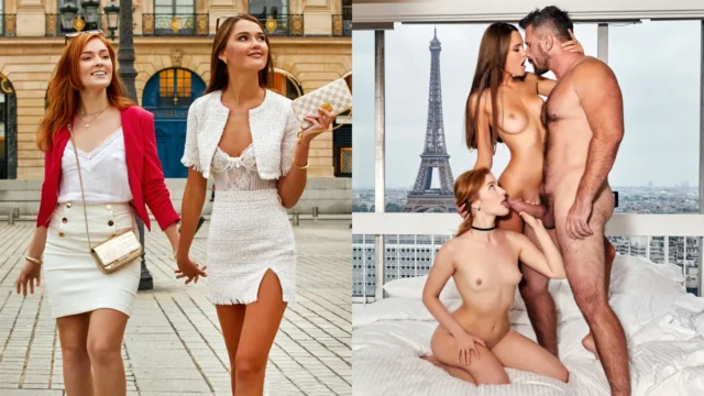 Dos chicas desnudas comienzan a crecer en París con una hermosa mirada a la Torre Eiffel: chicas que están desnudas